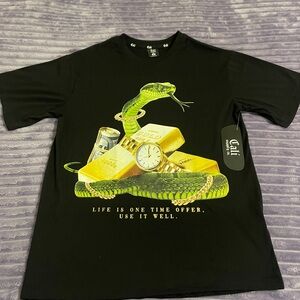 Black T-Shirt with Green Snake and Gold Design